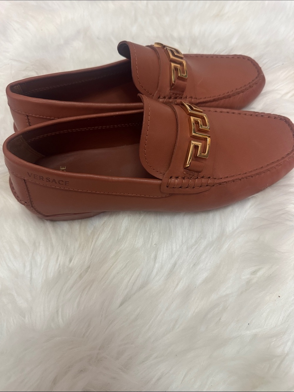 Versace Men’s Brown Leather Loafers with Gold-Tone Greek Key Accent - Picture 4 of 7